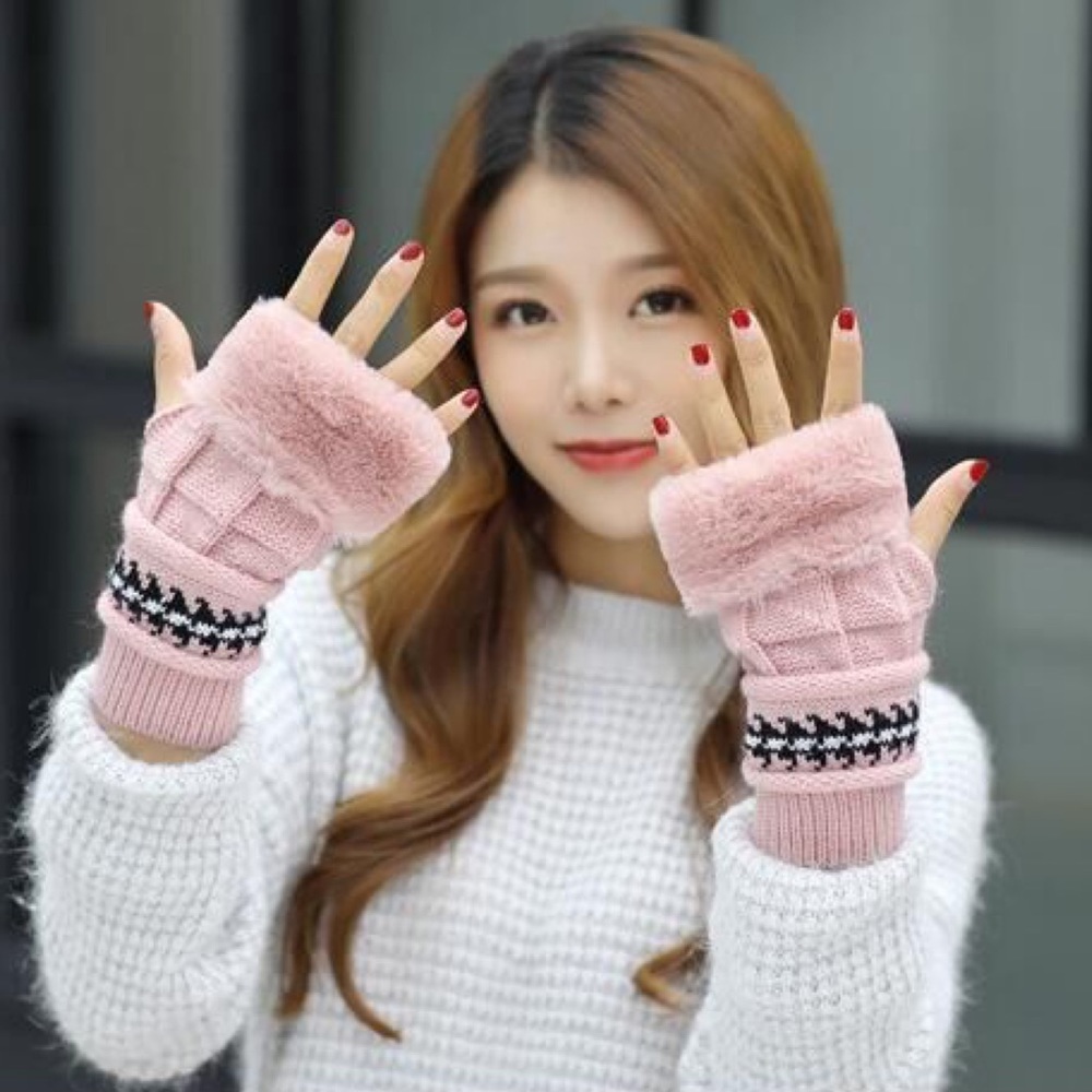 Chic Pink Fleece Lined Beanie with Fur Pom Poms & Fingerless Gloves - Picture 3 of 16